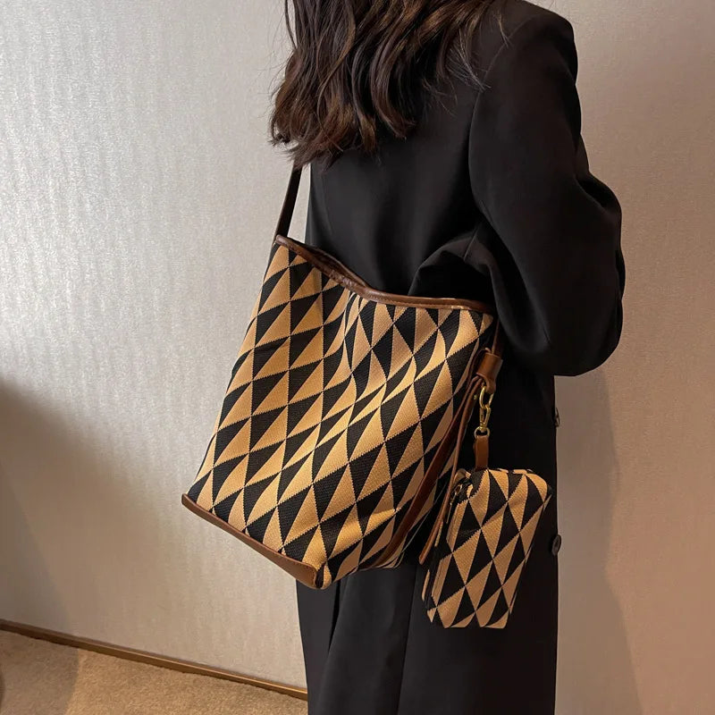 Large Capacity Houndstooth Canvas Tote Bag Handbag