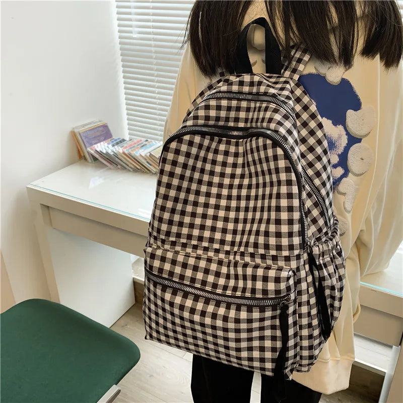 Plaid Backpack Shoulder Bag Women Laptop Mochila Travel Rucksack