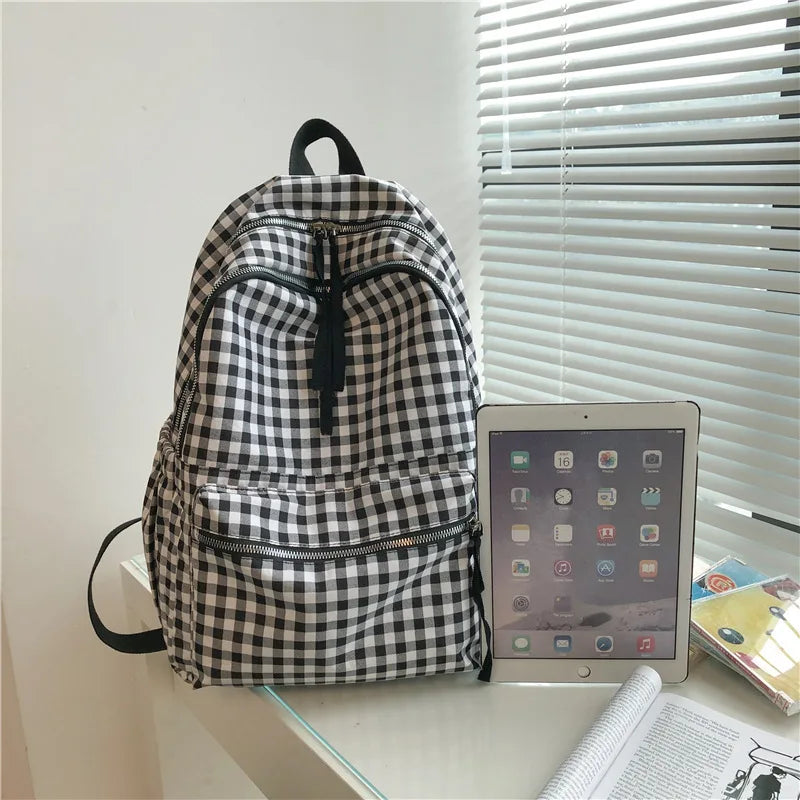 Plaid Backpack Shoulder Bag Women Laptop Mochila Travel Rucksack