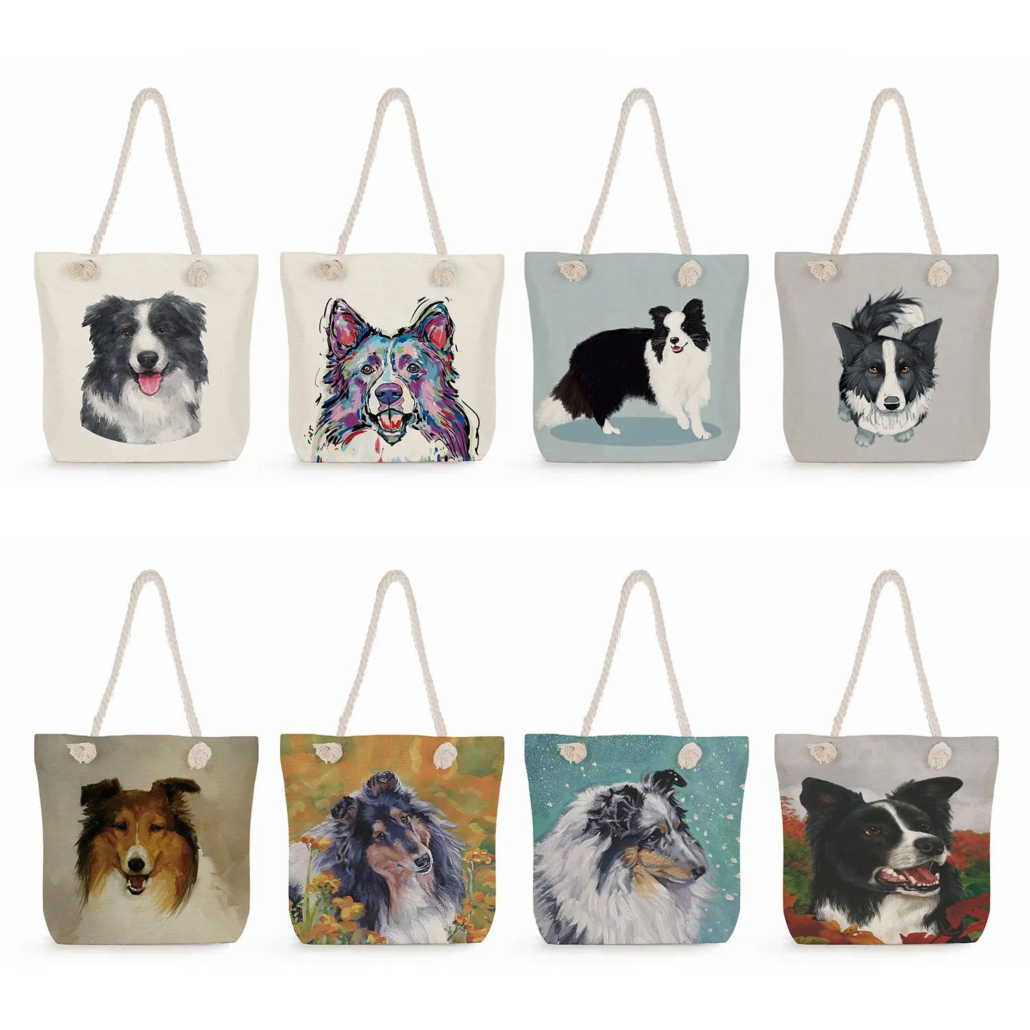 Watercolor Collie Dog Print Tote Bag Large Capacity Shoulder Handbags