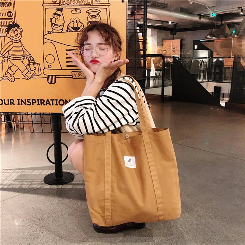 Canvas Shoulder Bag for Women Solid Small Fresh Tote Bags Female