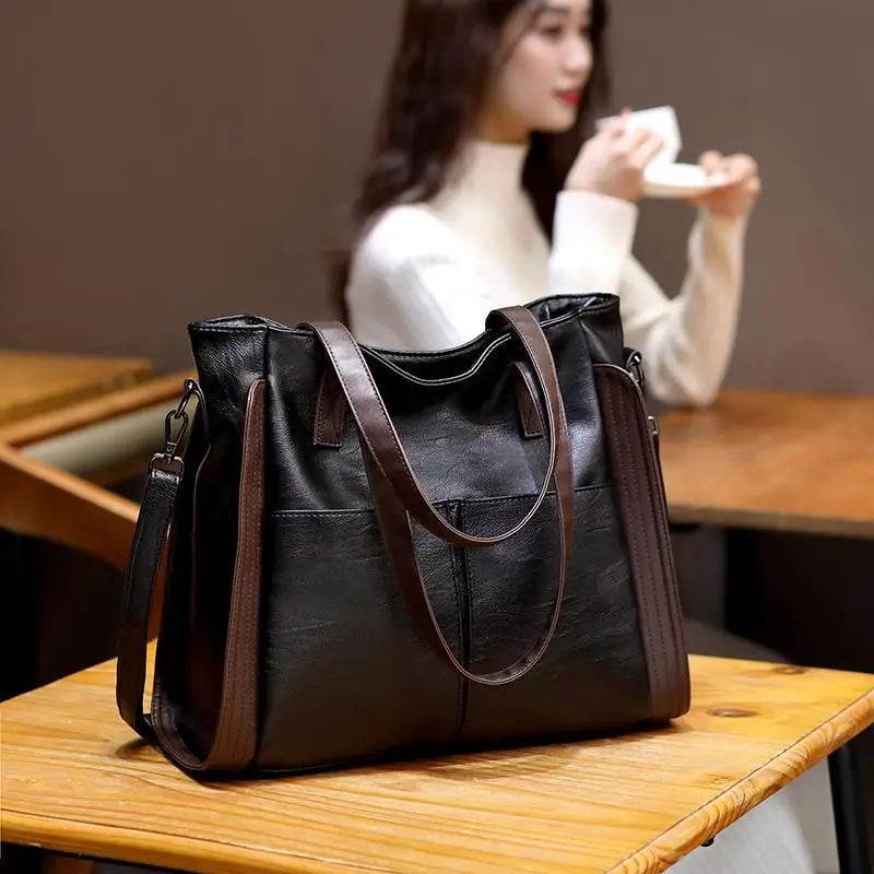 Women's Soft Leather Shoulder Bag Large Capacity Bucket Tote Handbag