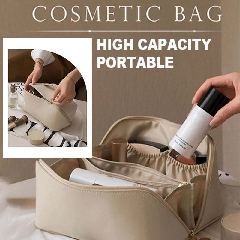 Large Capacity Makeup Bag, Double Layer Travel Cosmetic Bag Portable Leather