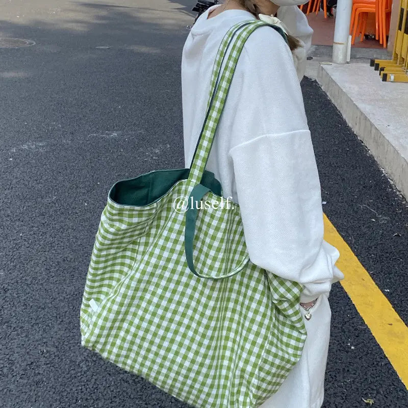 Plaid Reversible Shoulder Bag Canvas Tote Shopping Travel