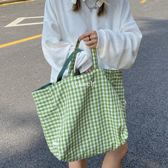 Plaid Reversible Shoulder Bag Canvas Tote Shopping Travel
