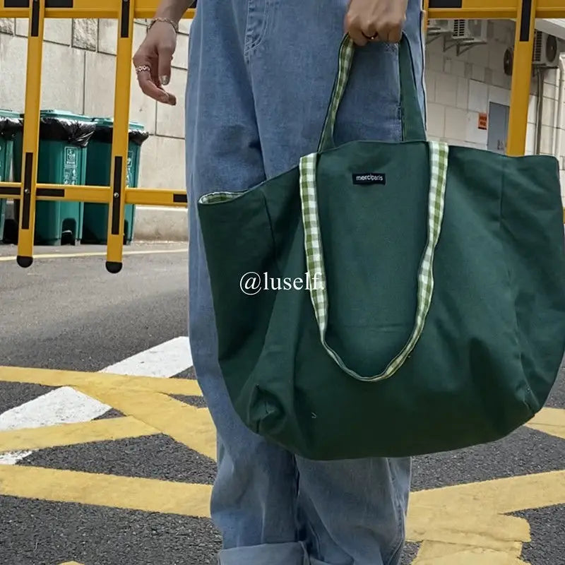 Plaid Reversible Shoulder Bag Canvas Tote Shopping Travel