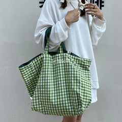 Plaid Reversible Shoulder Bag Canvas Tote Shopping Travel