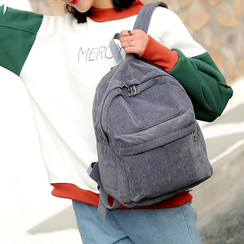 Large Capacity Corduroy Backpack Solid Zip Student Schoolbag