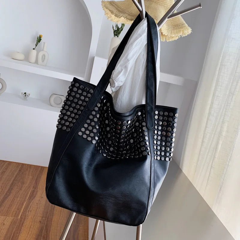 Large Capacity Rivet Shoulder Bag Soft PU Leather Totes Bag
