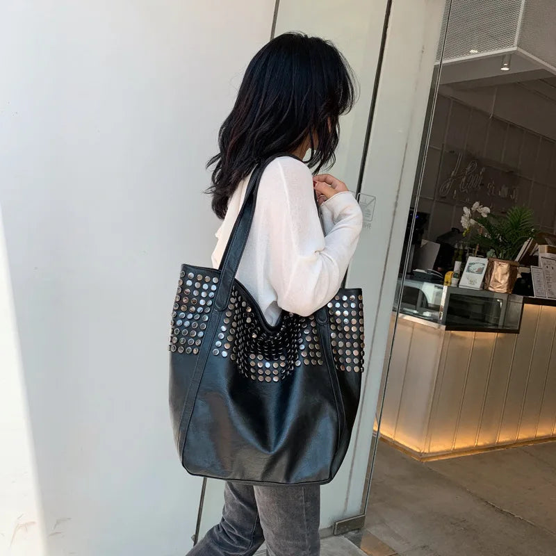 Large Capacity Rivet Shoulder Bag Soft PU Leather Totes Bag