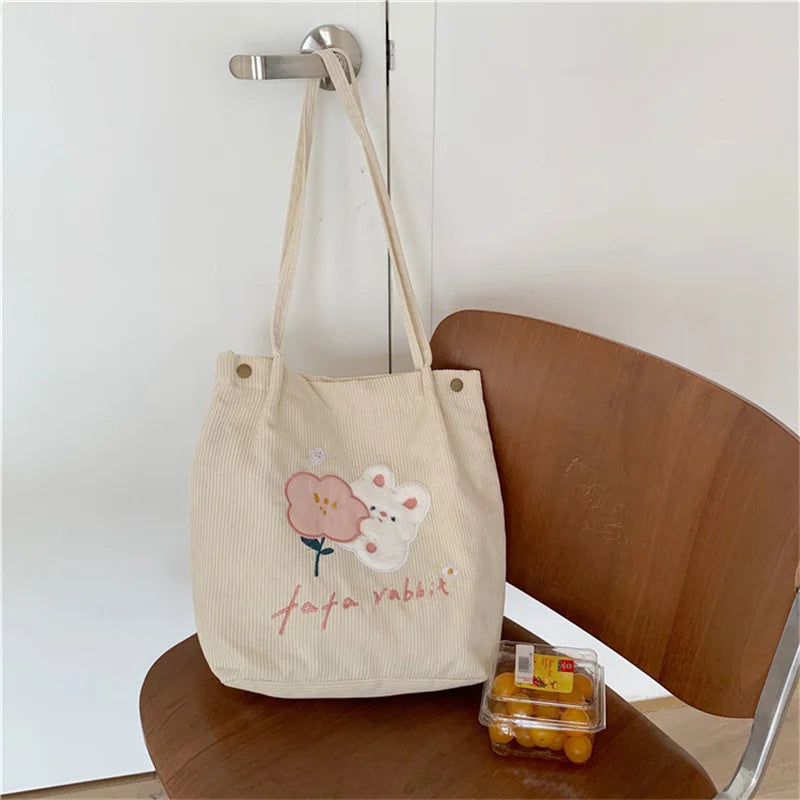 Corduroy Rabbit Embroidery Shoulder Bag Large Capacity Casual Handbag