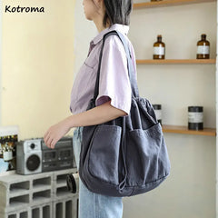 Large Capacity Shoulder Bags Women Harajuku Drawstring Portable Canvas Handbags