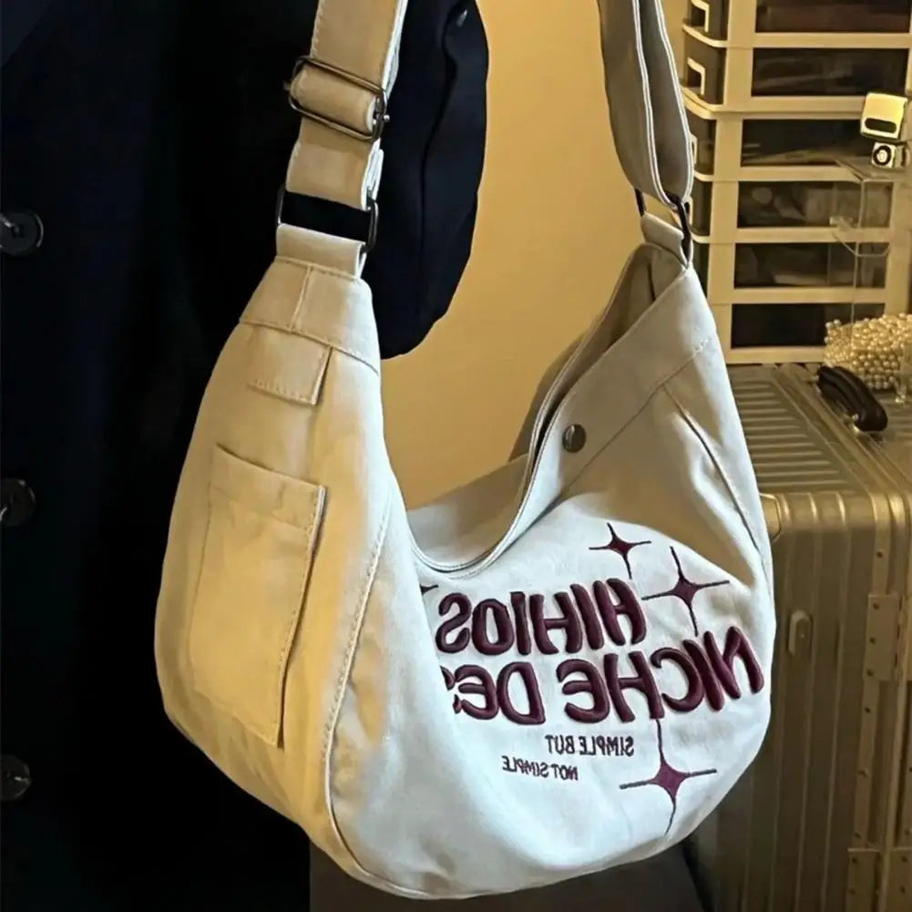 Khaki Canvas Shoulder Tote Bag with Letters Embroidery