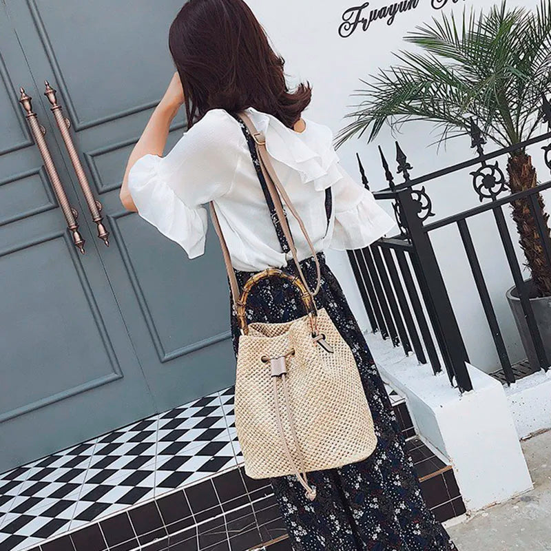 Large Capacity Shoulder Women's Bag Bucket Straw Casual Crossbody Bags for Women