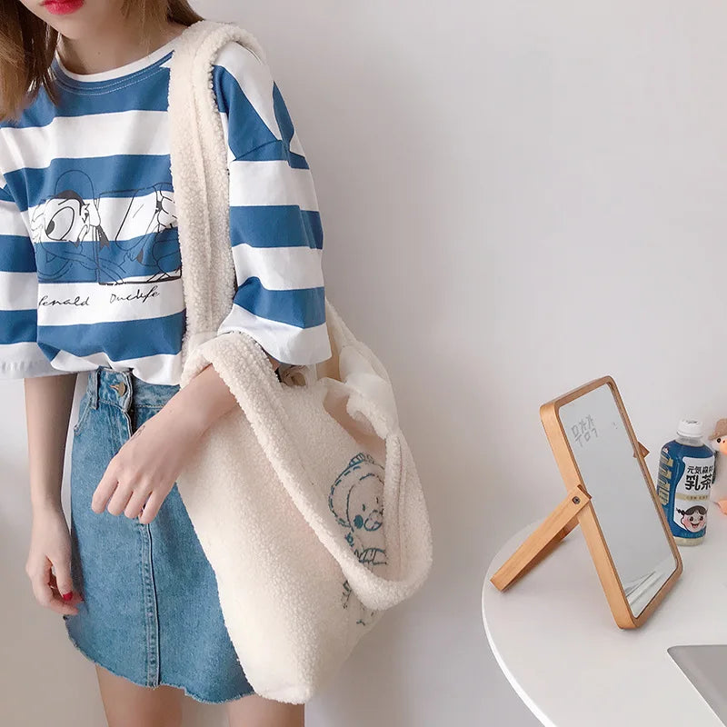 Soft Shopping Bags School Bag for Girls Women Lamb Fabric Shoulder Bag Fluffy Fu