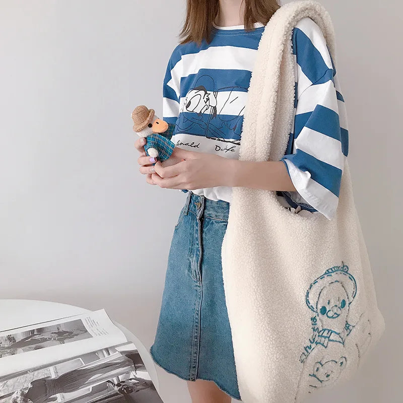 Soft Shopping Bags School Bag for Girls Women Lamb Fabric Shoulder Bag Fluffy Fu