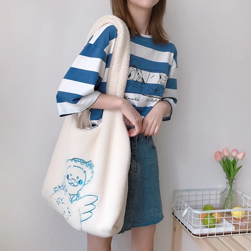 Soft Shopping Bags School Bag for Girls Women Lamb Fabric Shoulder Bag Fluffy Fu