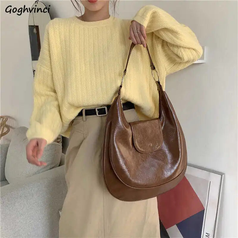 Large Capacity Tote Bag Women PU Leather Retro Solid Vintage