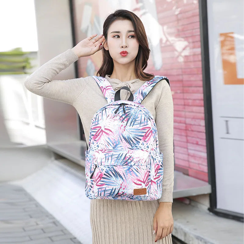 Waterproof Oxford Backpack Women Leaf Print Casual Shoulder Bags