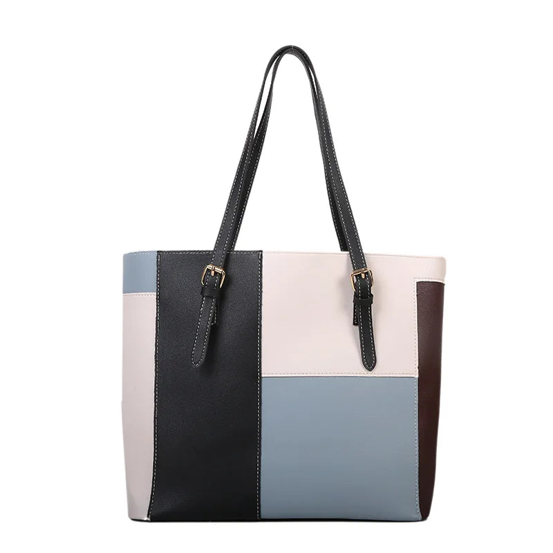 Large Capacity Women's One Shoulder Bag PU Leather Contrast Vintage Female Style