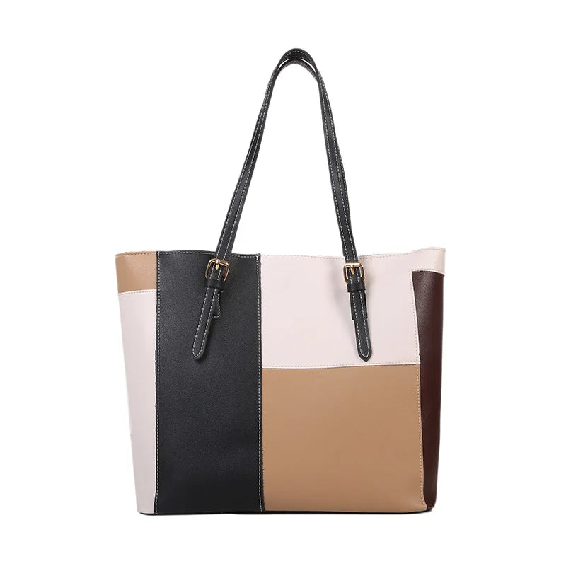 Large Capacity Women's One Shoulder Bag PU Leather Contrast Vintage Female Style