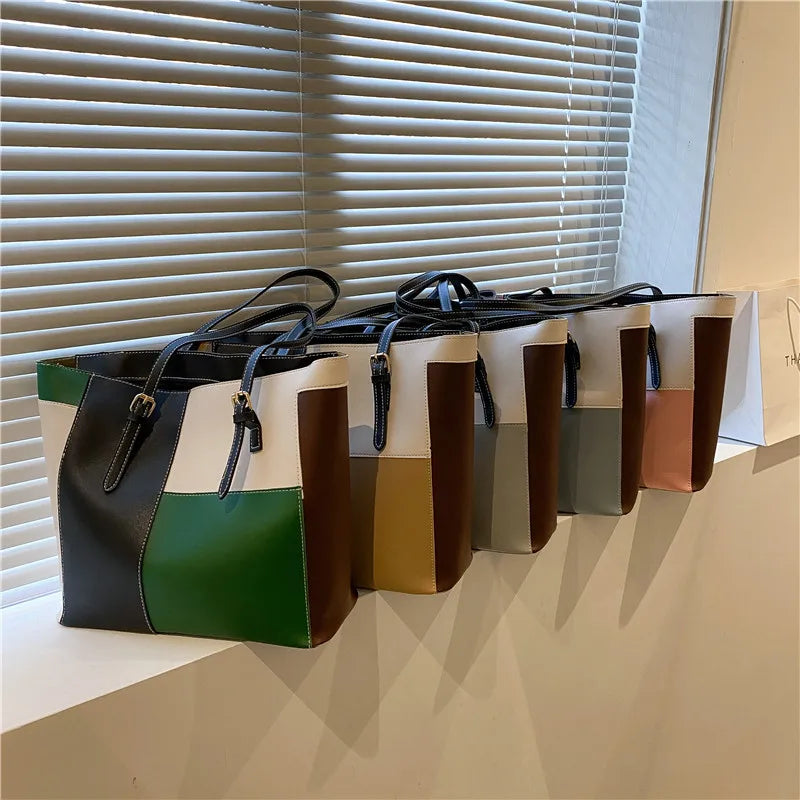 Large Capacity Women's One Shoulder Bag PU Leather Contrast Vintage Female Style