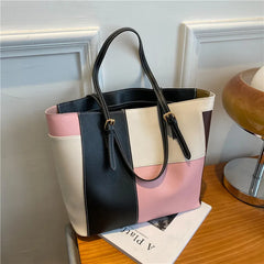 Large Capacity Women's One Shoulder Bag PU Leather Contrast Vintage Female Style