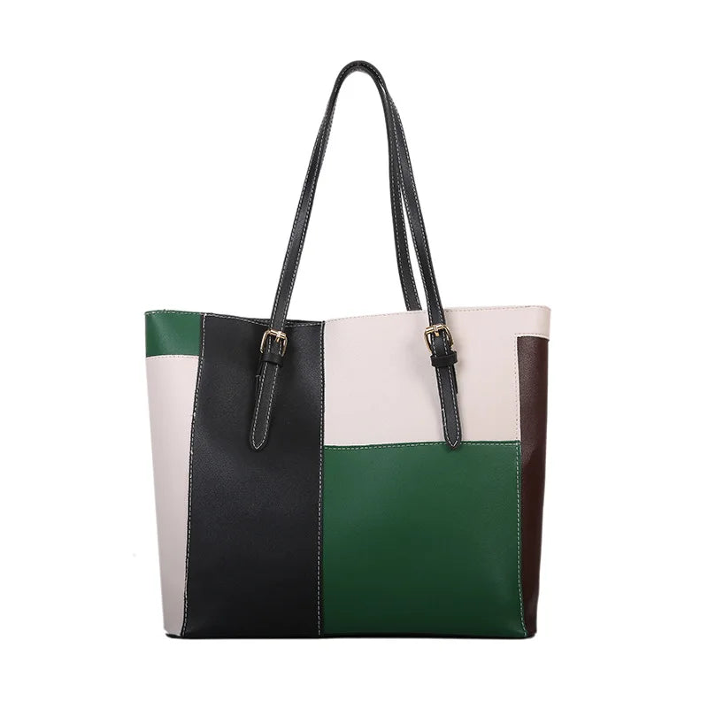 Large Capacity Women's One Shoulder Bag PU Leather Contrast Vintage Female Style