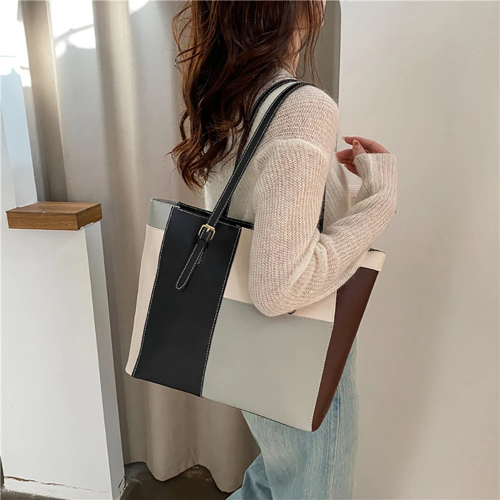 Large Capacity Women's One Shoulder Bag PU Leather Contrast Vintage Female Style