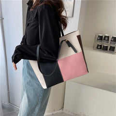 Large Capacity Women's One Shoulder Bag PU Leather Contrast Vintage Female Style
