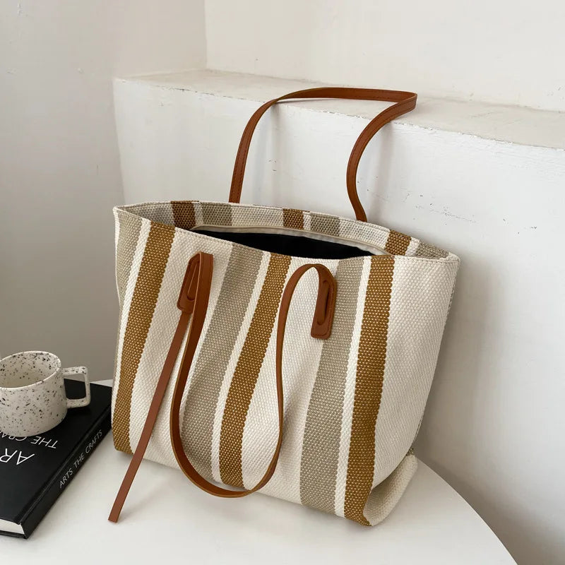 Striped Shoulder Bag Vertical Casual Tote Handbag