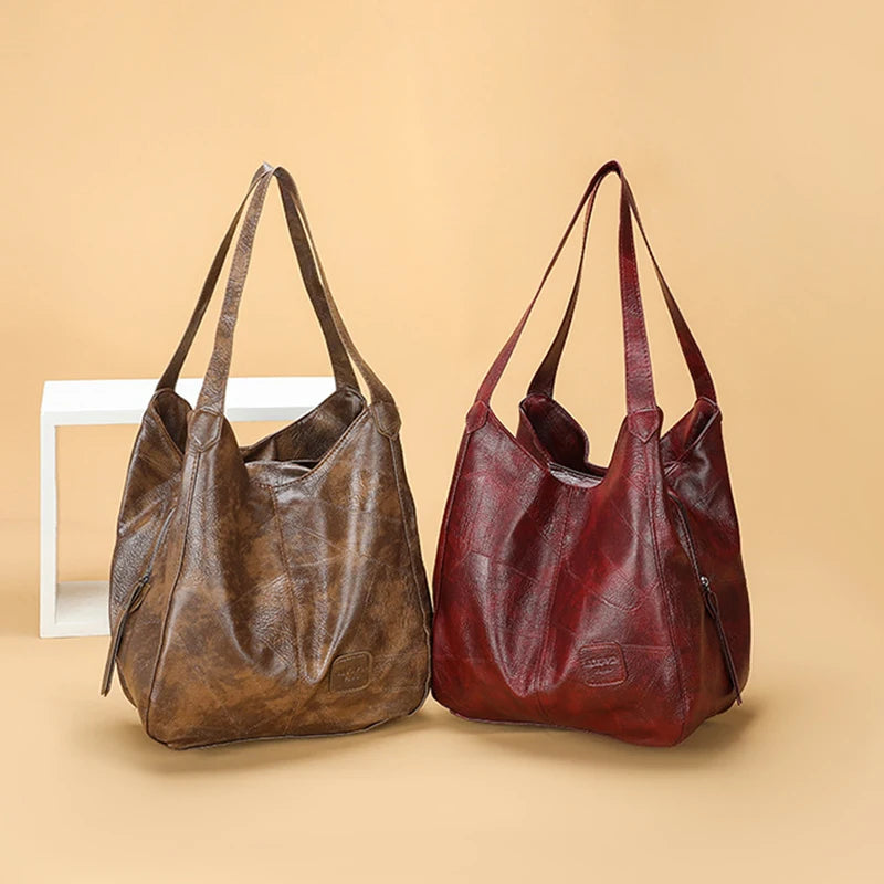 Large Capacity PU Leather Vintage Women Hand Bag Shopper Totes