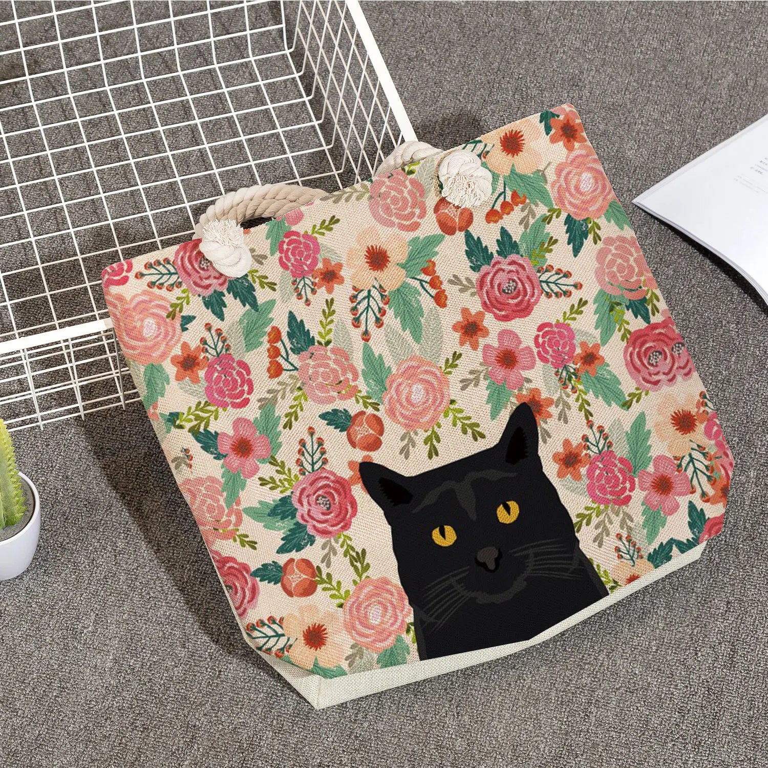 Casual Linen School Shoulder Bag Women Handbags Floral Print Tote