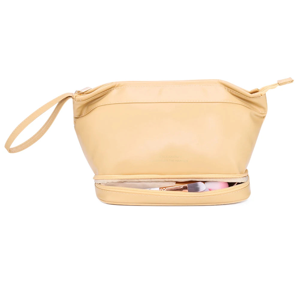 Large Double Layer Makeup Bag PU Leather Travel Organizer Toiletry Pouch