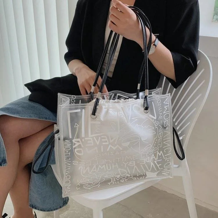 Large Shopping Transparent Bag Printed Diagonal Beach Handbag
