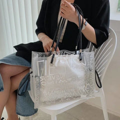 Large Shopping Transparent Bag Printed Diagonal Beach Handbag