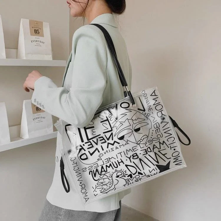 Large Shopping Transparent Bag Printed Diagonal Beach Handbag