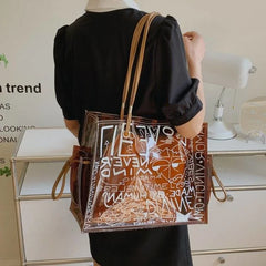 Large Shopping Transparent Bag Printed Diagonal Beach Handbag