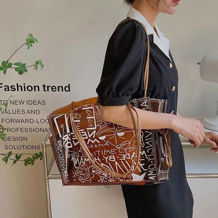 Large Shopping Transparent Bag Printed Diagonal Beach Handbag
