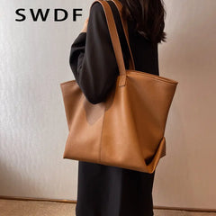 Large Tote Shoulder Bags Vintage Women Soft PU Leather Handbags