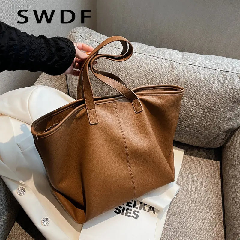 Large Tote Shoulder Bags Vintage Women Soft PU Leather Handbags