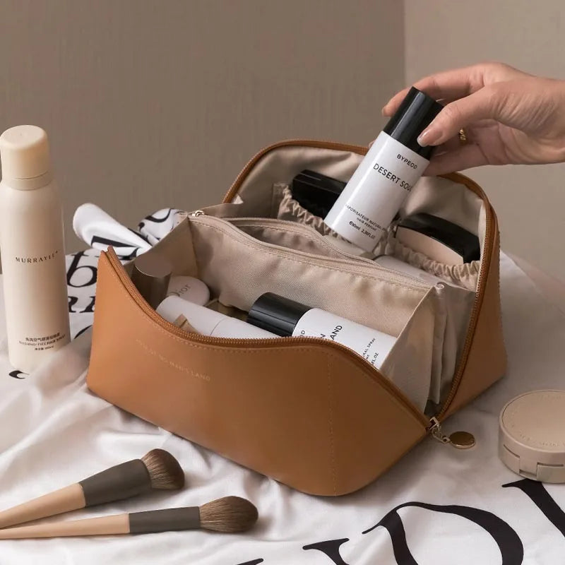 Travel Cosmetic Bag for Women Leather Makeup Organizer Female Toiletry Kit Bags