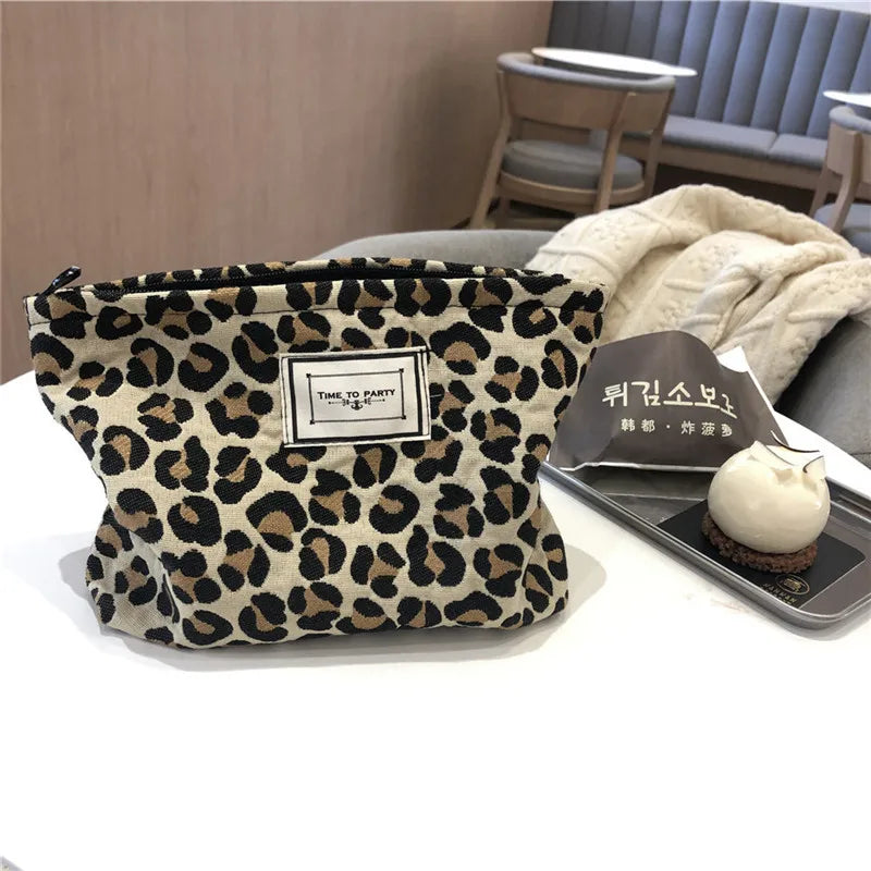 Leopard Cosmetic Bag Canvas Waterproof Zipper Make Up Bag Travel