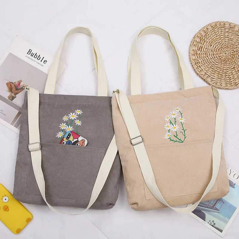 Women Canvas Tote Shopper Bag Corduroy Handbag Crossbody Book Bags
