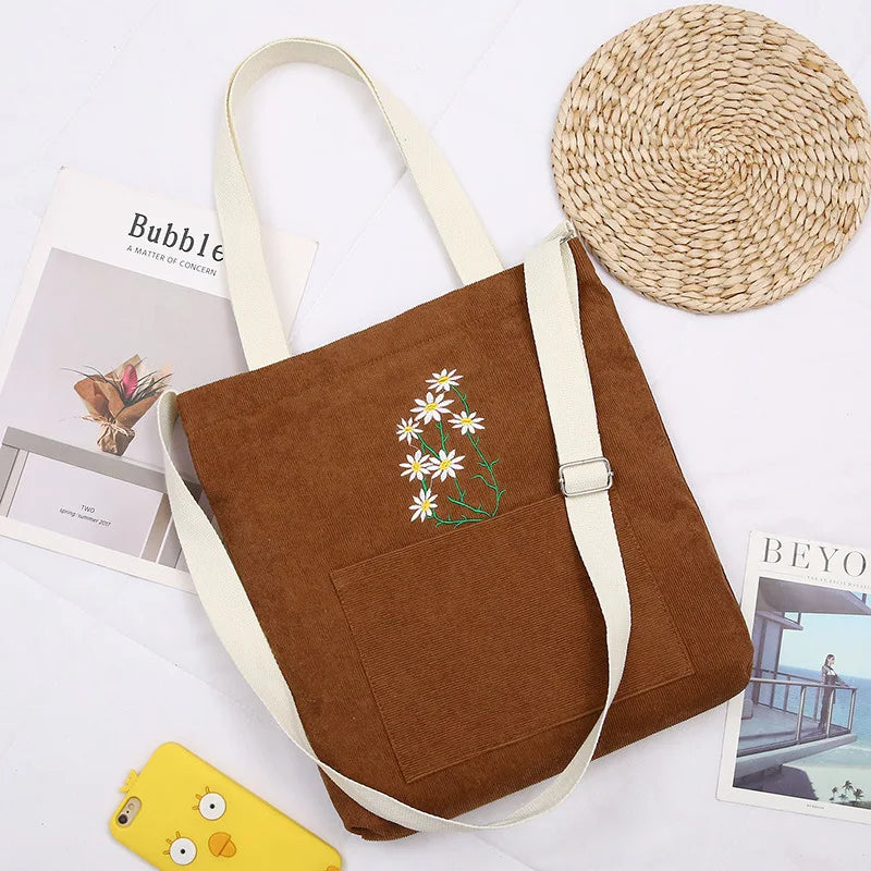 Women Canvas Tote Shopper Bag Corduroy Handbag Crossbody Book Bags