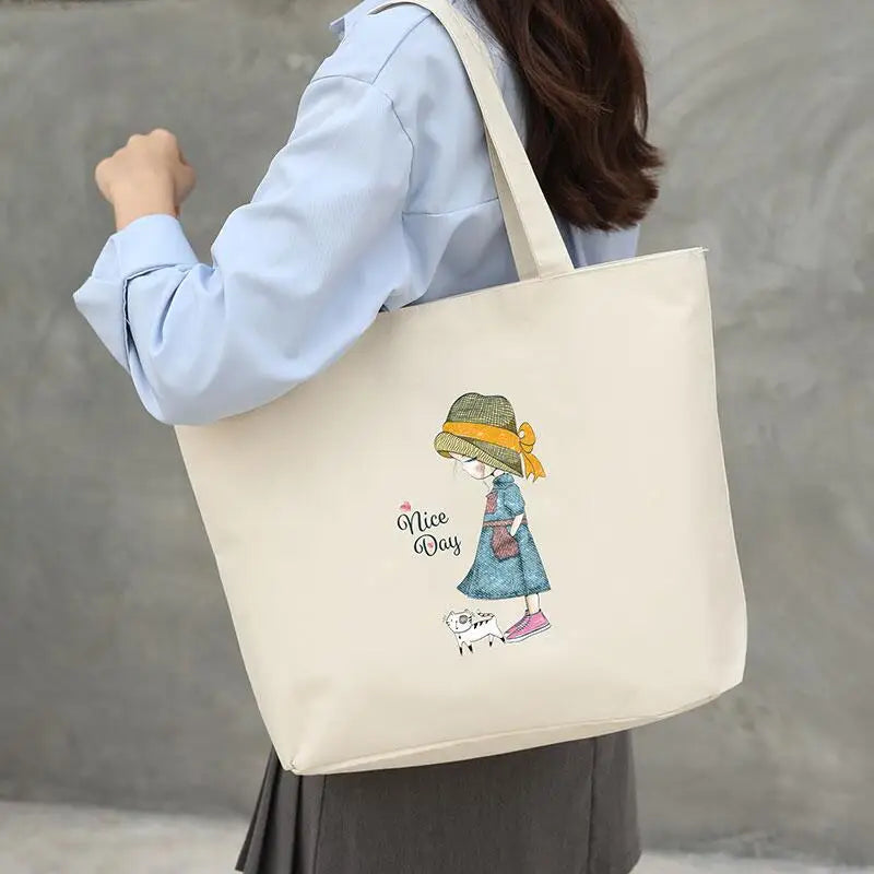 Canvas Shoulder Bag Women's Casual Cartoon Print Handbag