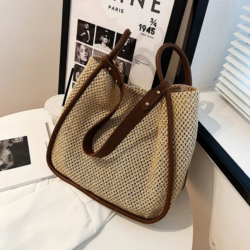 Hand-held Straw Bag for Women Contrast Commuter Tote Shoulder Purses