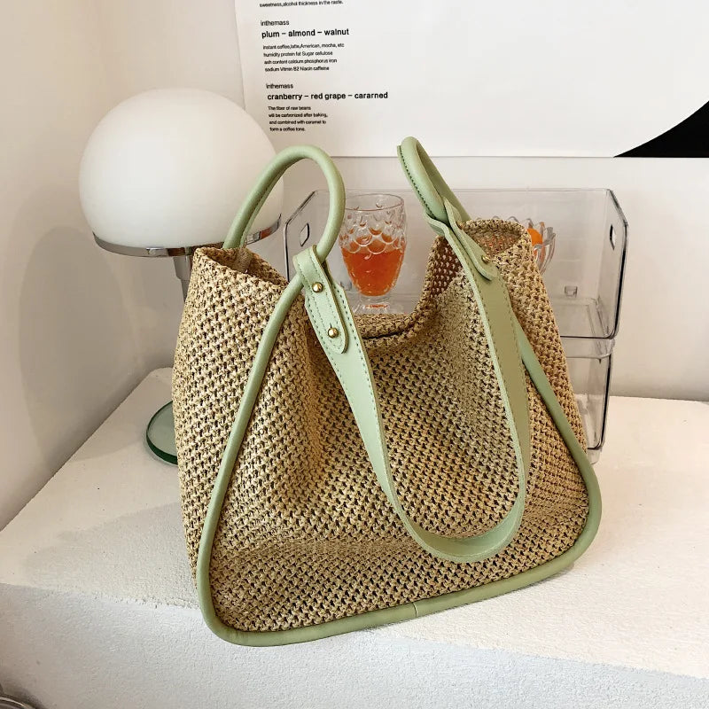 Hand-held Straw Bag for Women Contrast Commuter Tote Shoulder Purses