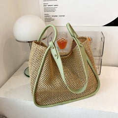 Hand-held Straw Bag for Women Contrast Commuter Tote Shoulder Purses