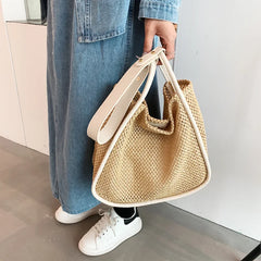 Hand-held Straw Bag for Women Contrast Commuter Tote Shoulder Purses